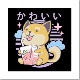 Kawaii Aesthetics Japanese Strawberry Milk Shake かわいい Dog - Violet - Strawberry Milk Posters and Art